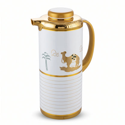 SIMBA MKUBWA Vaccum Jug 1.3 Liters – Gold & White | Arabic Heritage Camel & Palm Tree Design, Leak Proof Tea & Coffee Jug