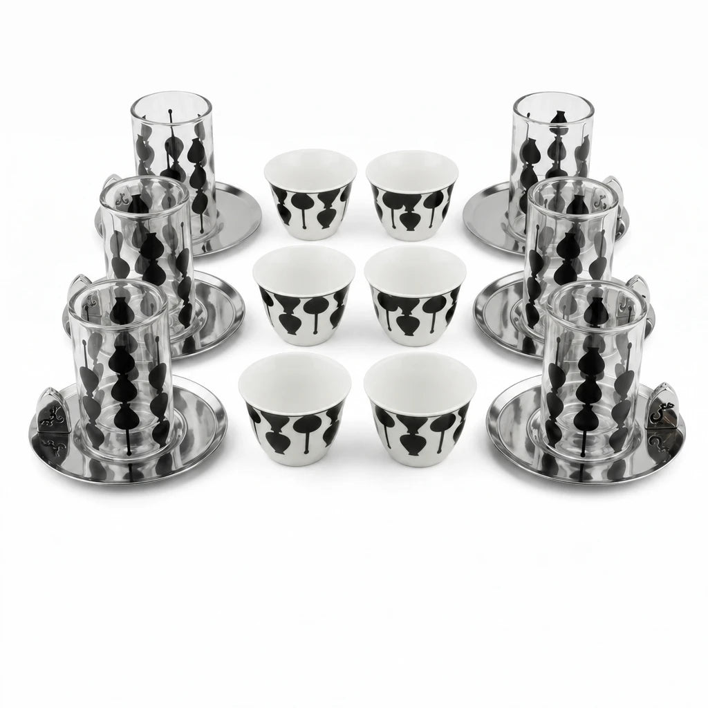 Fashion Home Elegant 18-Piece Tea and Coffee Set with Double-Wall Glass Cups, Metallic Saucers, Black Abstract Pattern and Arabic Ornaments
