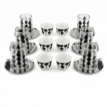 Fashion Home Elegant 18-Piece Tea and Coffee Set with Double-Wall Glass Cups, Metallic Saucers, Black Abstract Pattern and Arabic Ornaments