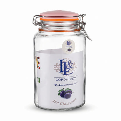 Lord & Lady Oval Glass Storage Jar – 24cm Height, 12cm Width | Airtight Lockable Clamp Lid | Clear Glass with Metal Clasp and Coloured Seal