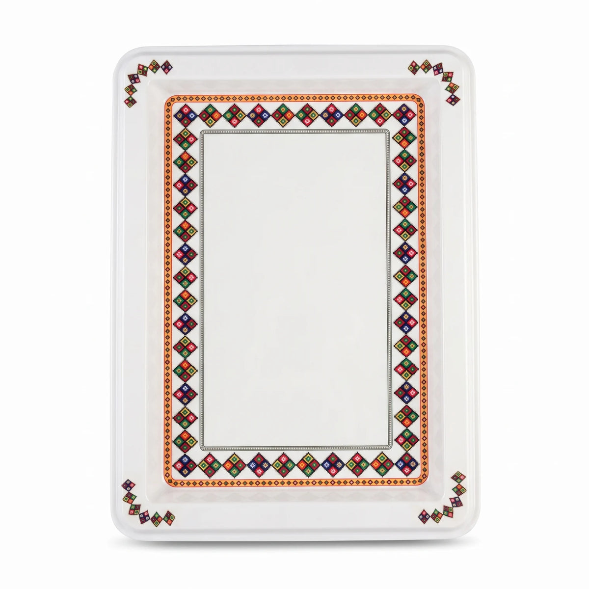 Melamine large serving Tray – 60 x 45 cm | White Geometric Design | Raised Rim Rectangular Platter for Meals and Entertaining