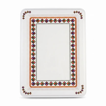 Melamine large serving Tray – 60 x 45 cm | White Geometric Design | Raised Rim Rectangular Platter for Meals and Entertaining