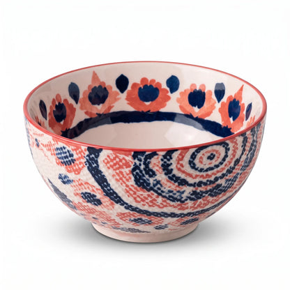14 CM Porcelain Bowl – White Floral Geometric Design with Red Rim | Decorative Round Bowl