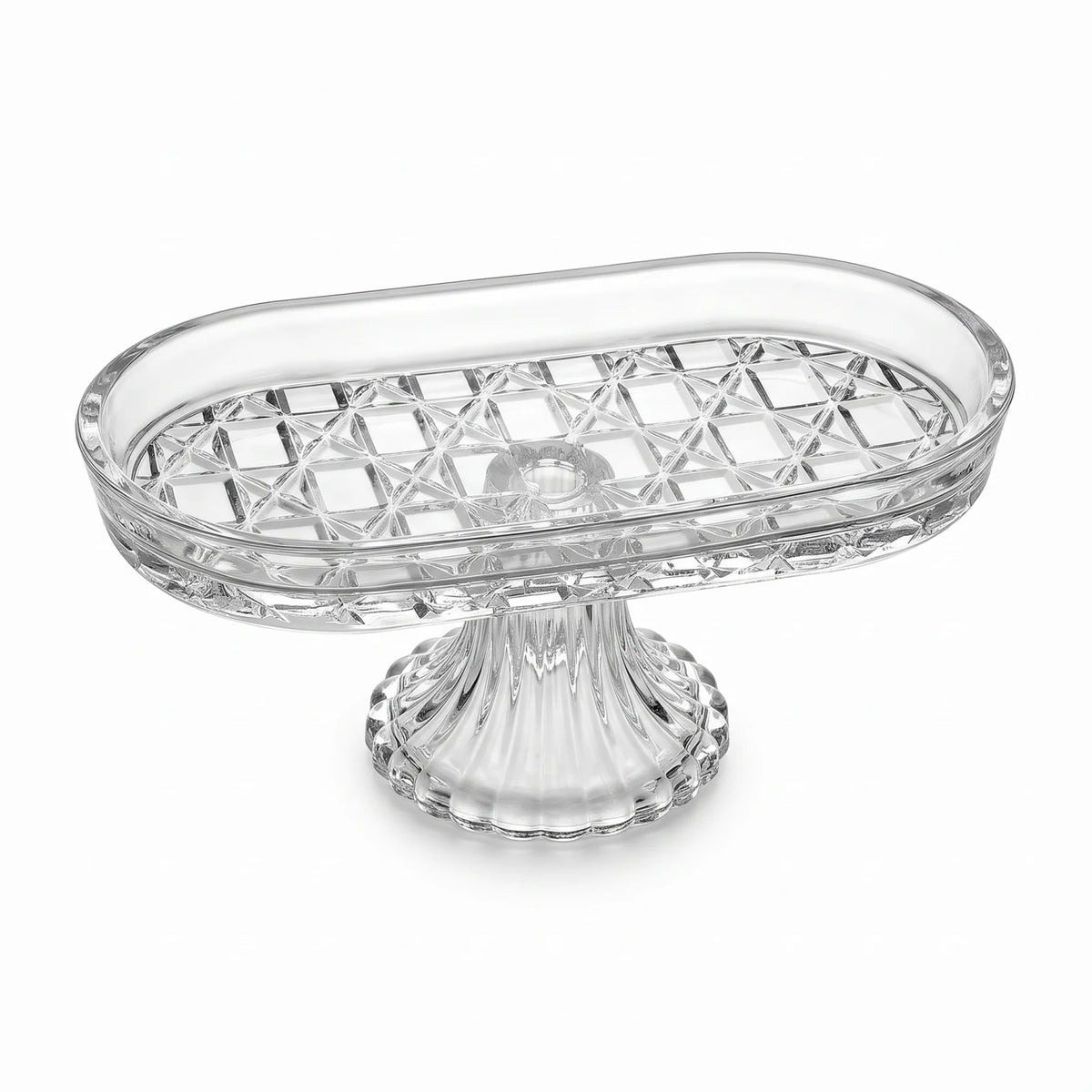 Clear Glass Oval Serving Stand – 20 × 11 × 8 cm | Diamond-Cut Pattern | Fluted Pedestal Base for Nuts and Chocolates