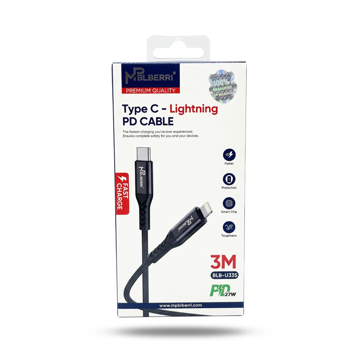 MP BILBERRI Type C - Lightning PD CABLE BLB-U335 – 3M Black Braided 27W Fast Charging Cable with Smart Chip Protection for Devices