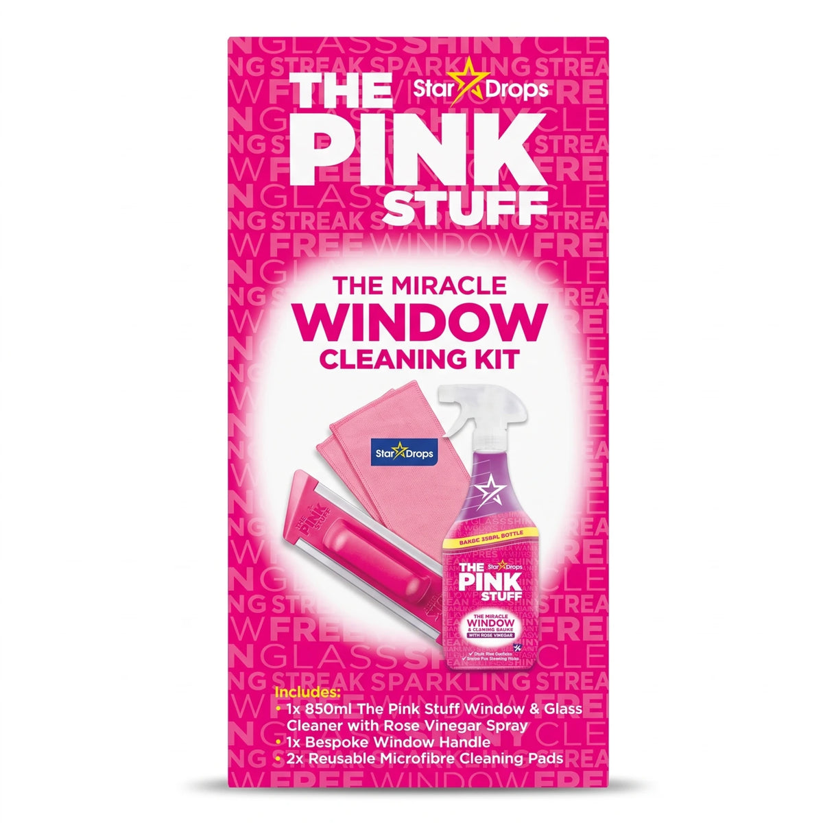 The Pink Stuff The Miracle Window Cleaning Kit with Rose Vinegar – 850ml Spray, Window Handle & 2 Reusable Microfibre Pads for Shiny Glass