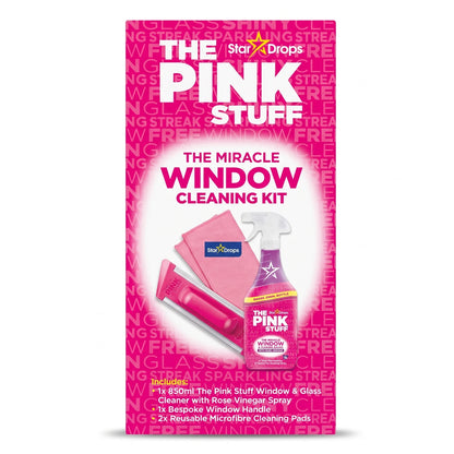 The Pink Stuff The Miracle Window Cleaning Kit with Rose Vinegar – 850ml Spray, Window Handle & 2 Reusable Microfibre Pads for Shiny Glass