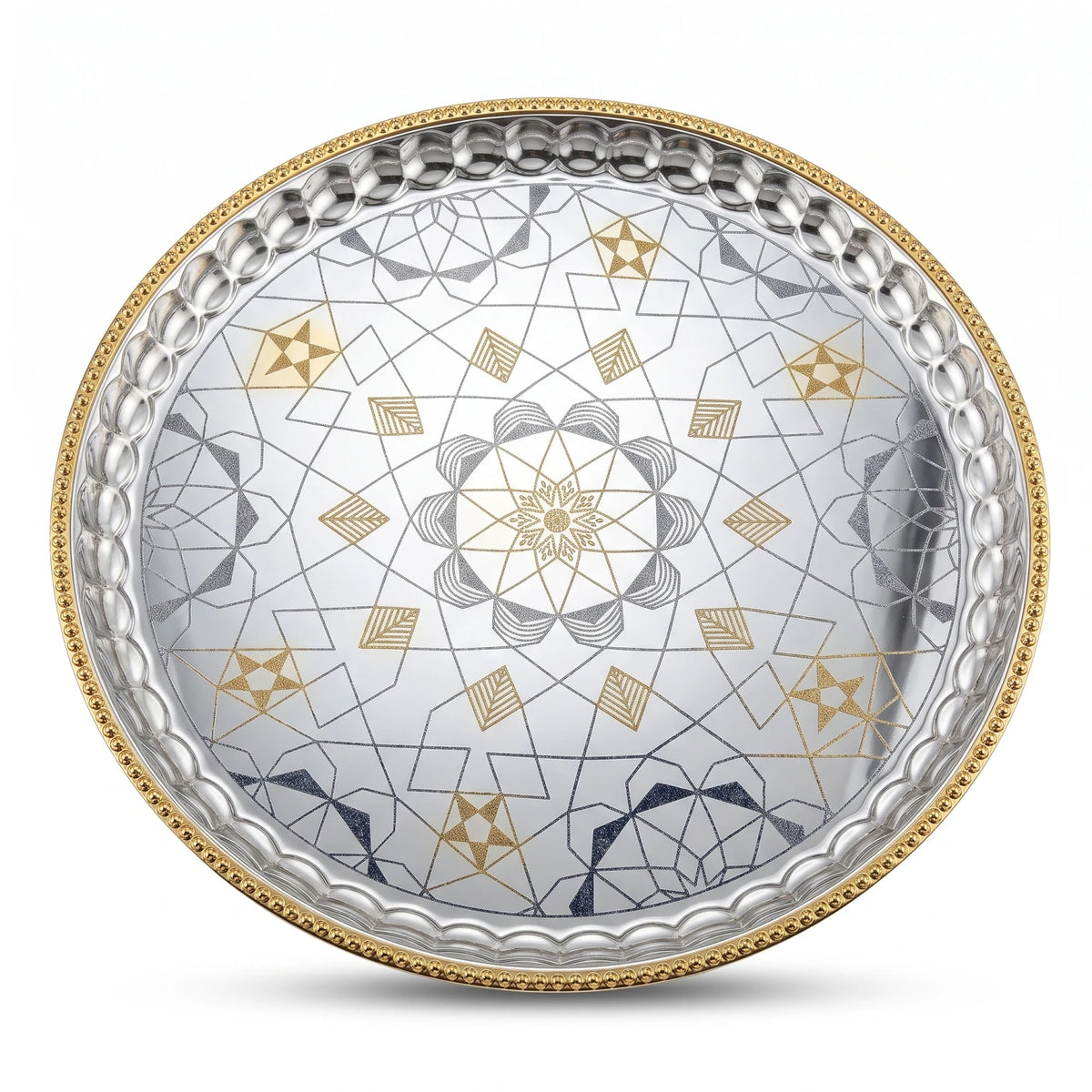 ARGTE Luxury Round Serving Tray – 45 cm Mirrored Metal Platter | Geometric Mandala Etching, Gold Accents and Scalloped Border