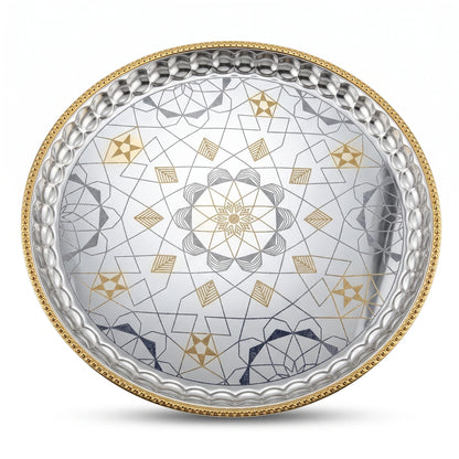 ARGTE Luxury Round Serving Tray – 45 cm Mirrored Metal Platter | Geometric Mandala Etching, Gold Accents and Scalloped Border