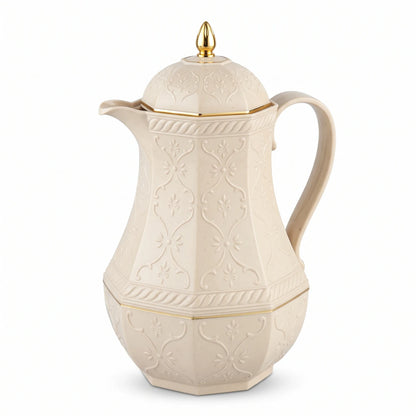Rose Beige Premium Vacuum Flask 1.3L – Ornate Floral Pattern, Leak-Proof Tea & Coffee Thermos for Hot or Cold Drinks