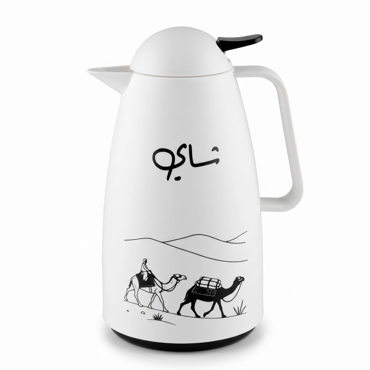 Crystal House White Vaccum Flask 1 Liter – Black Desert & Camel Caravan Artwork | Chai Calligraphy | Leak Proof Tea & Coffee Flask