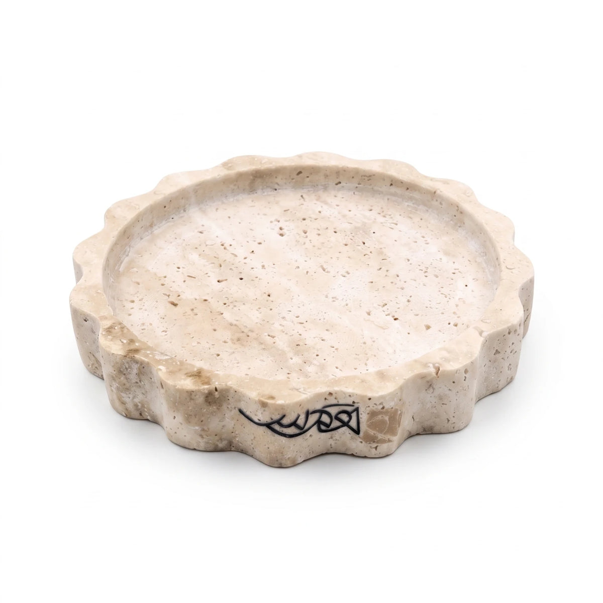 Round Travertine Stone Scalloped Tray – 12 x 12 x 2 cm | Beige Textured Decorative Dish with Recessed Centre