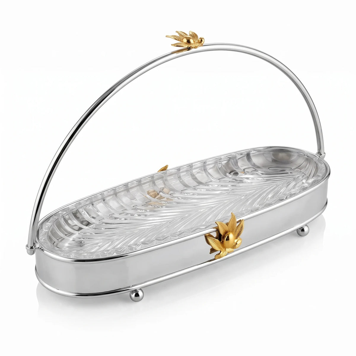 MAY FLOWER Premium Medium Oval Serving Tray – Steel and Glass Food Display Stand with Arch Handle, Gold-Toned Floral Accent, 27 x 17 x 44 cm