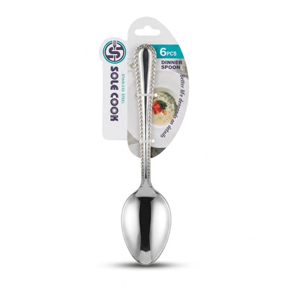 SOULCOOK Dinner Spoon Set – 6-Piece Silver Stainless Steel Spoons with Ornate Patterned Handles for Everyday Dining and Table Settings