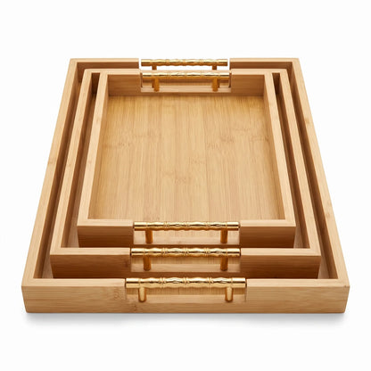 3-Piece Bamboo Serving Tray Set – Small, Medium & Large Rectangular Trays with Ornate Gold-Toned Handles | 26–46 cm Lengths for Home Serving