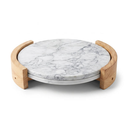 Round Marble Serving Tray with Wood Stand – 25 × 28 × 5 cm Elevated Display and Serving Tray