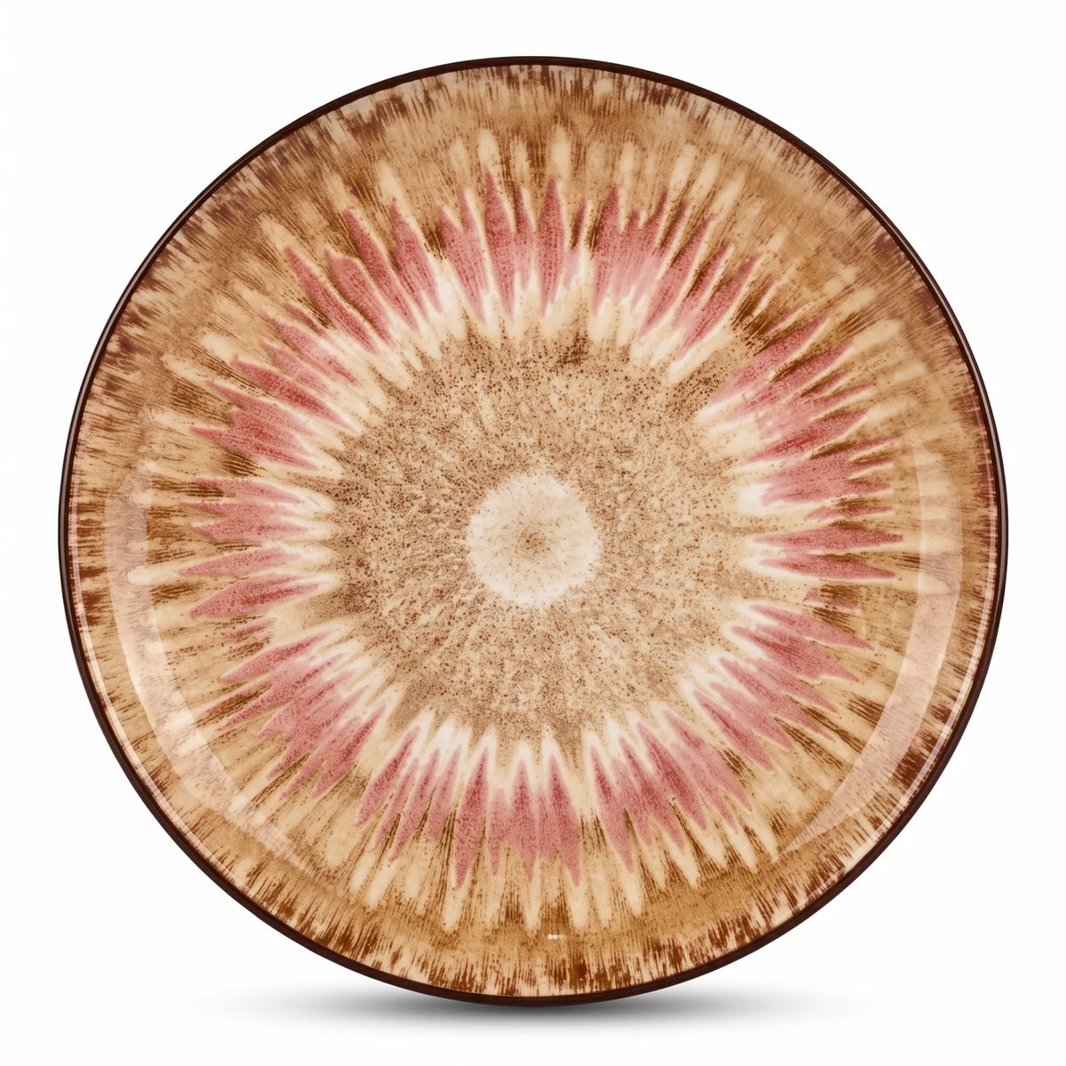 26 CM Porcelain Dinner Plate – Beige Sunburst Pattern, Dark Brown Rim and Glossy Finish for Everyday Dining