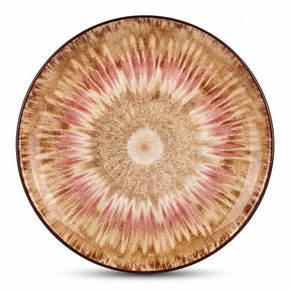 26 CM Porcelain Dinner Plate – Beige Sunburst Pattern, Dark Brown Rim and Glossy Finish for Everyday Dining