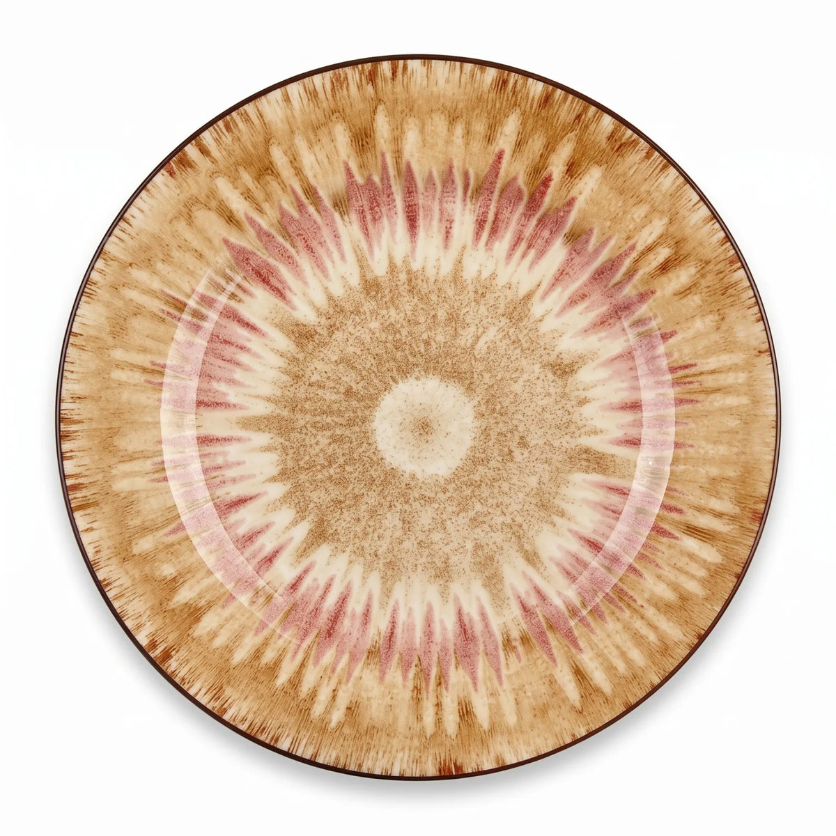 26 CM Porcelain Dinner Plate – Cream, Tan, Brown & Muted Red Sunburst Pattern, Glossy Finish and Dark Brown Rim for Dinner Table Settings