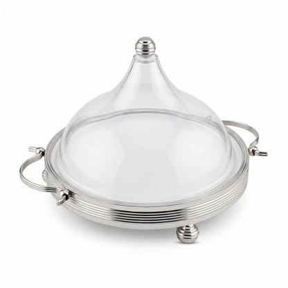 Ansa Premium Silver Serving Tray with Domed Acrylic Cover – Small & Medium Sizes | Raised Dessert Stand for Cakes, Fruits, Sweets and Chocolates - Silver / Medium - Image 1