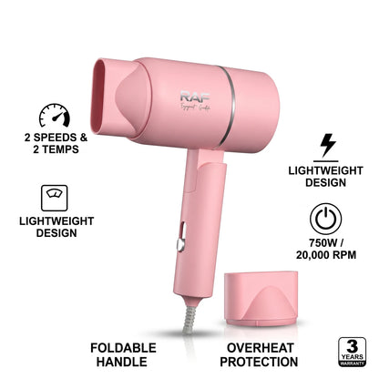 RAF Hair Dryer R.4614 – Pink 750W, 20,000 RPM | 2 Speeds & 2 Temperatures | Foldable Handle, Lightweight Low-Noise Design, Overheat Protection