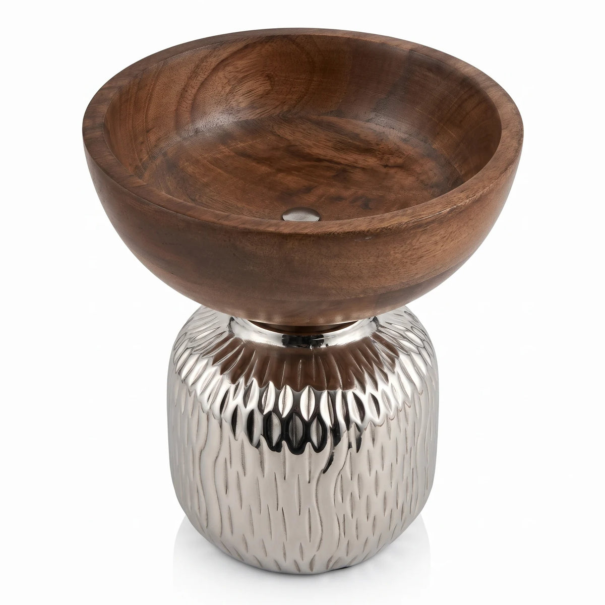 Decorative Bowl with Wooden Top and Metal Base – 22 cm Height, 20 cm Width x 20 cm Length | Pedestal-Style Home Display