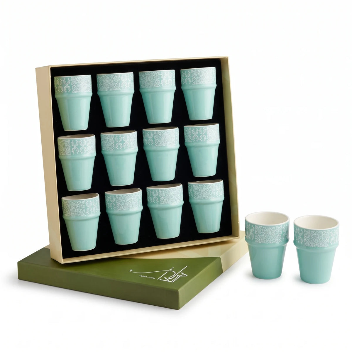 Dallah addar 12 Pieces Arabic Moroccan Bone China Porcelain Cups Set – Mint Handleless Drinking Cups with Floral Pattern and Presentation Box