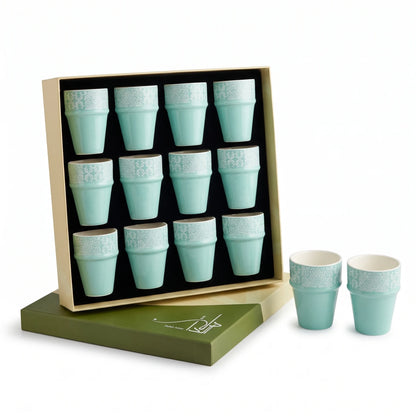 Dallah addar 12 Pieces Arabic Moroccan Bone China Porcelain Cups Set – Mint Handleless Drinking Cups with Floral Pattern and Presentation Box