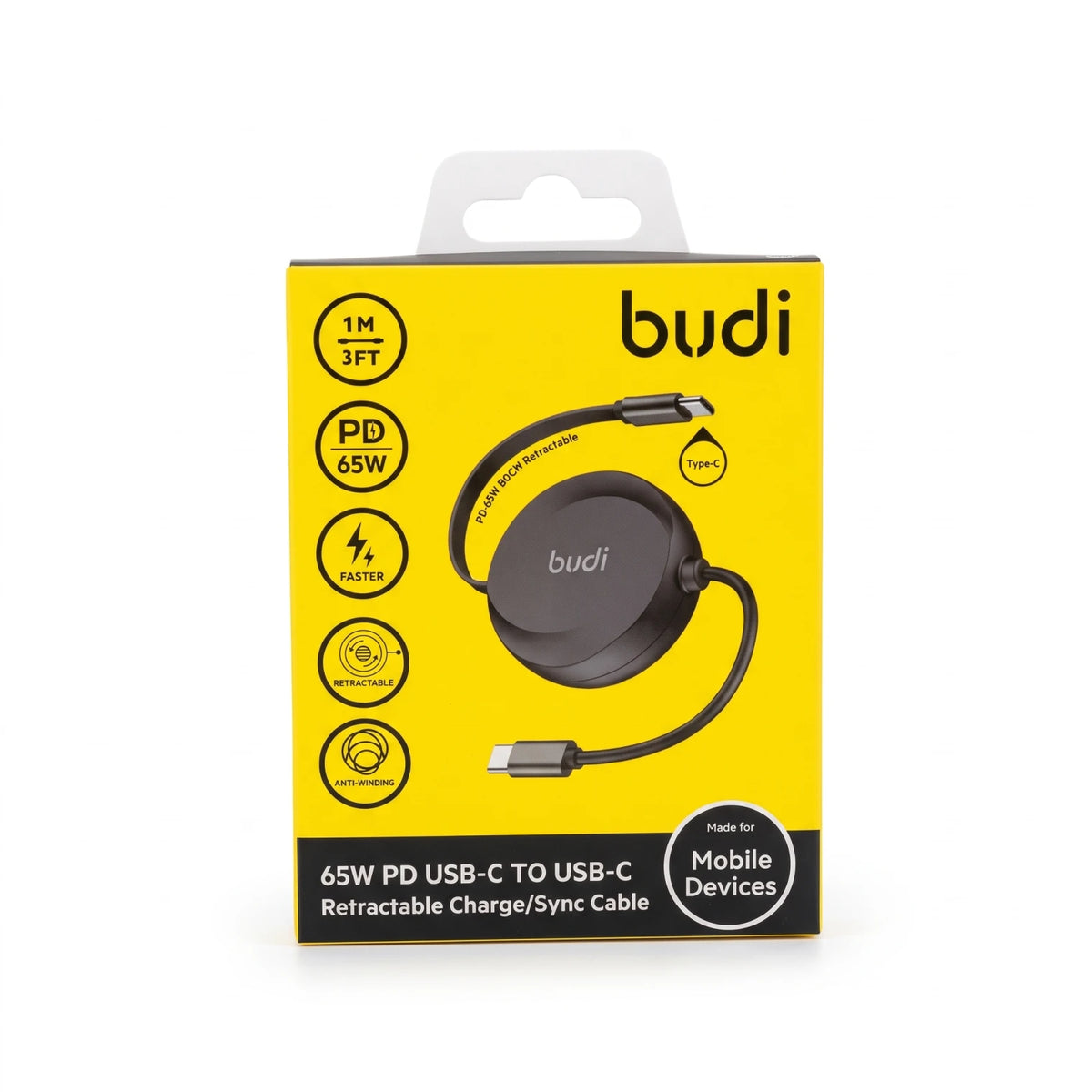 budi Retractable USB-C to USB-C Cable 1M/3FT – 65W PD Charge & Sync, Anti-Winding Black Type-C Cable for Mobile Devices