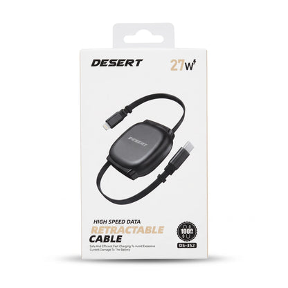 DESERT Retractable Cable DS-352 27W Black Fast Charging Data Cable with Lightning and USB-C Connectors