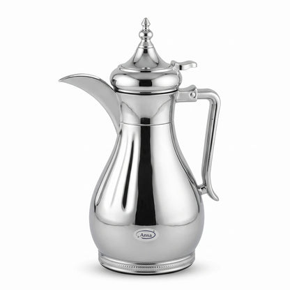 Ansa Traditional Arabic Stainless Steel Vacuum Flask – 0.35 or 0.6 Liters | Pink Glass Interior | Leak Proof Tea and Coffee Server - Plain Silver / 0.6 Liters - Image 1