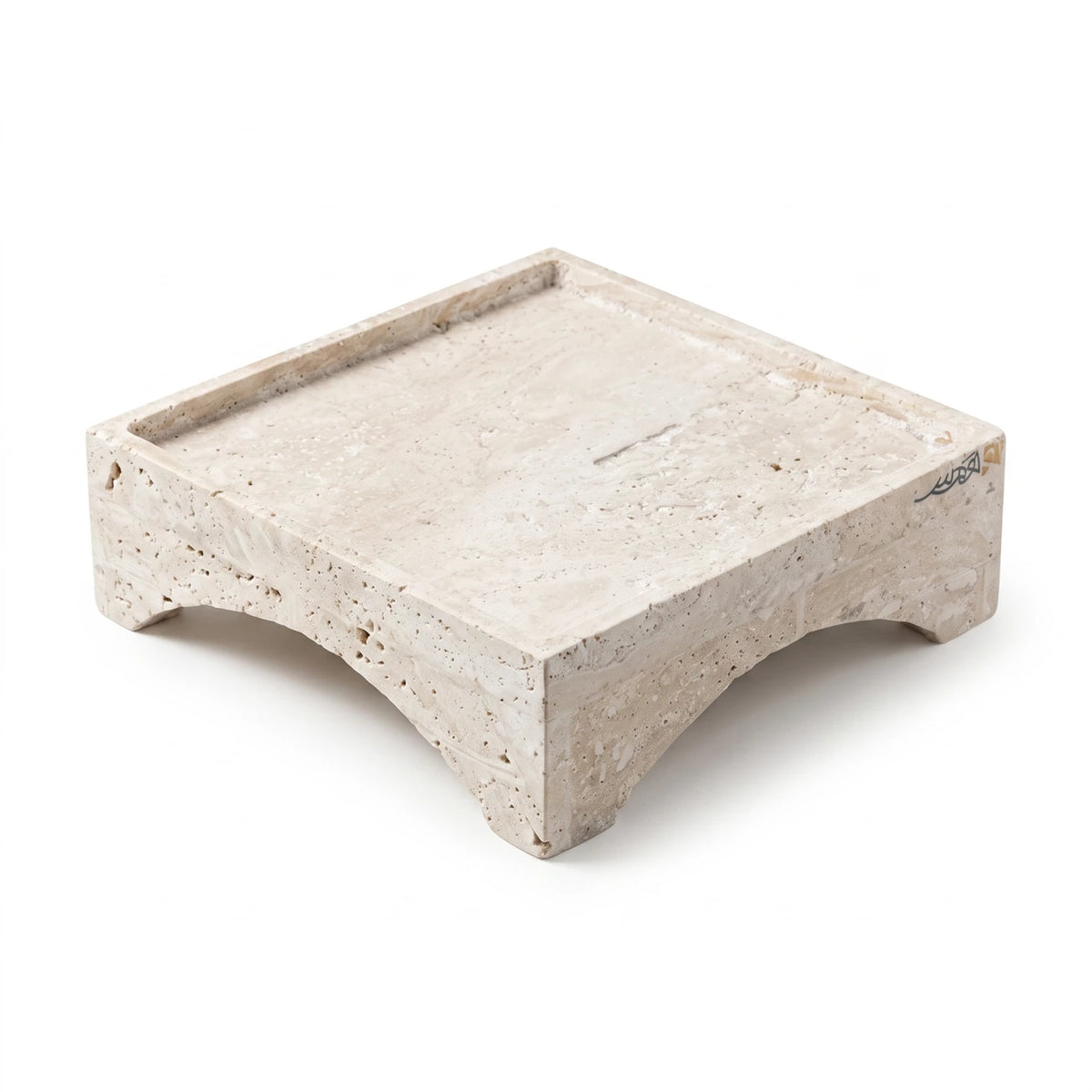 Natural Travertine Marble Tray Stand – 19 x 19 x 7 cm | Raised-Edge Decorative Display Stand