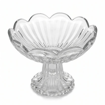 Decorative Glass Pedestal Fruit Bowl – 16cm Scalloped Rim | Fluted Rib Design | For Fruits, Desserts, Nuts and Ice Cream