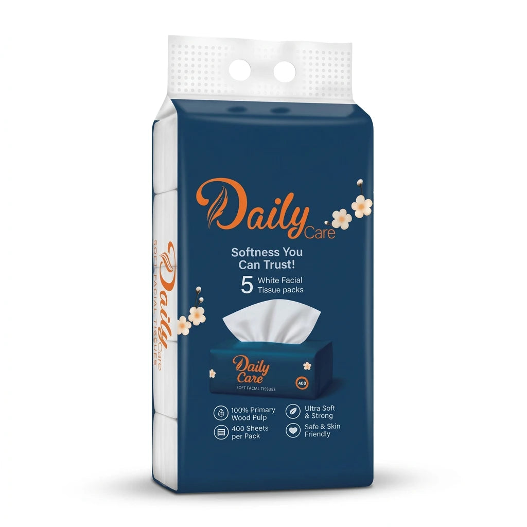 Daily Care Soft Facial Tissues – 5 Packs, 400 Sheets Each | White 100% Primary Wood Pulp | Ultra Soft & Strong | Skin-Friendly Facial Tissue