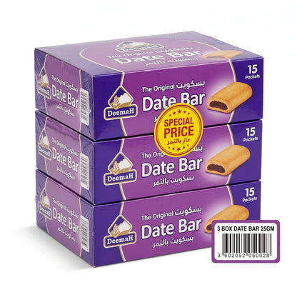 Deemah The Original Date Bar 3 Boxes, 45 Date-Filled Biscuit Bars, 25g Each | Biscuit Filled with Date Fruit