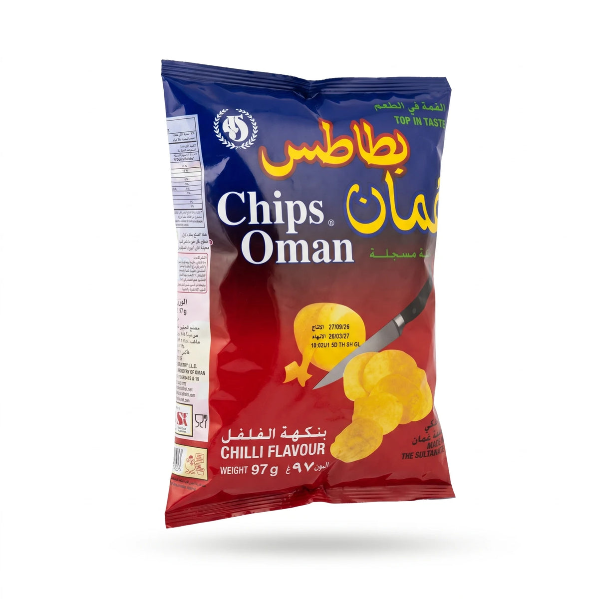Oman Chips Chilli Flavour 97 g – Spicy Chilli Crisps Snack | Made in Oman | Red and Dark Blue Pack