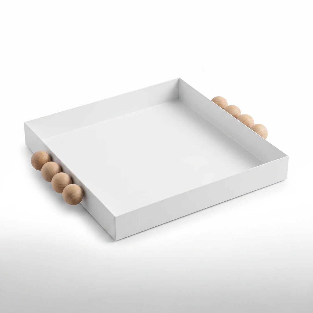 Sleek White Square Metal Serving Tray 30 x 30 x 4 cm with Wooden Bead Handles for Nuts, Chocolates and Entertaining