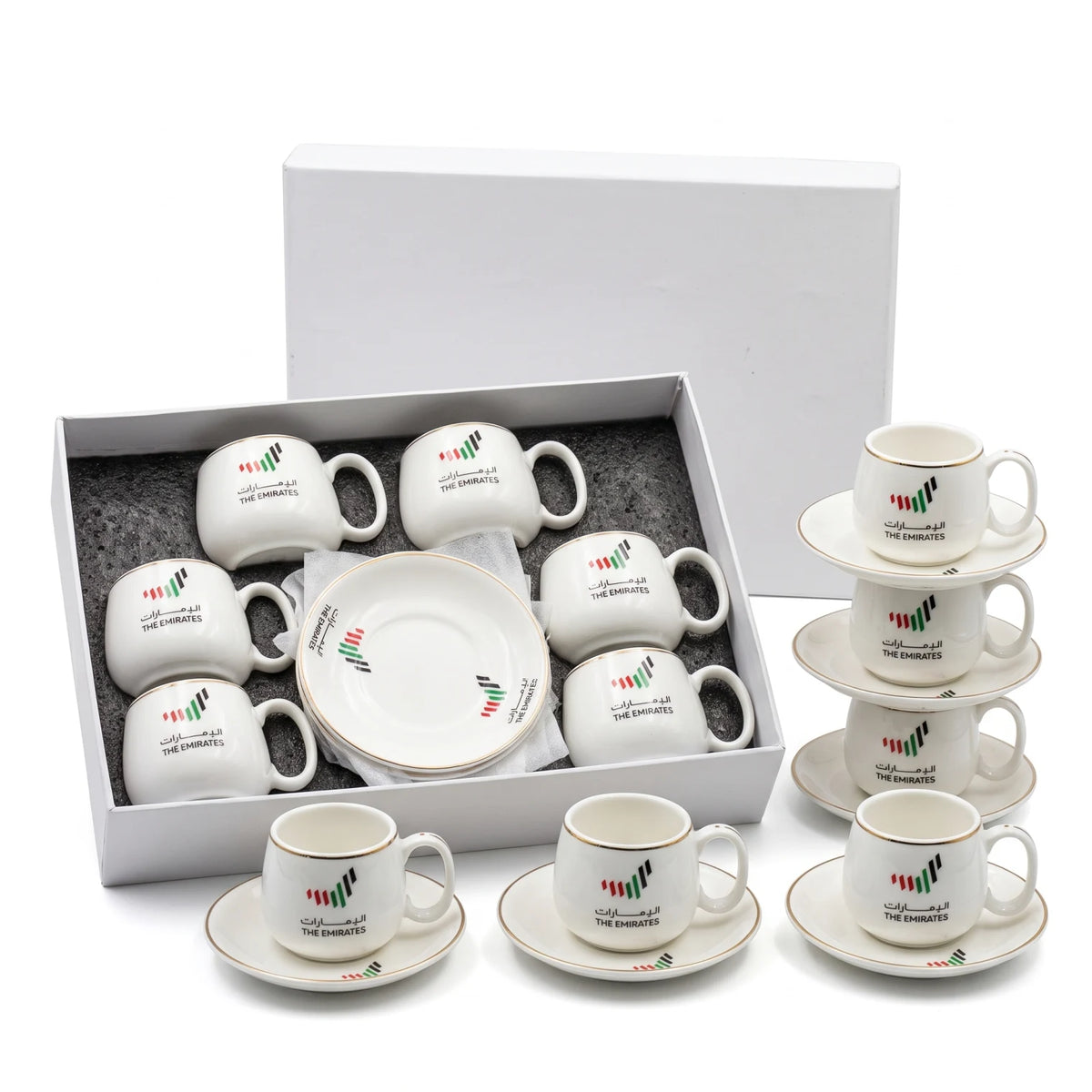 UAE National 12-Piece Fine Porcelain Tea & Coffee Set – 6 Cups and 6 Saucers | The Emirates Design with Gold-Colored Rim for Serving