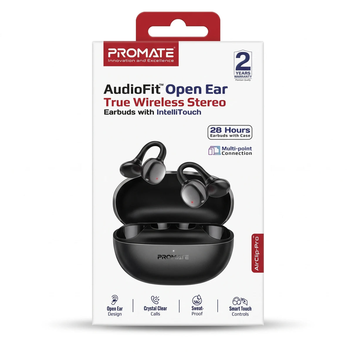 PROMATE AudioFit Open Ear True Wireless Stereo Earbuds – Black | 28 Hours with Case | Multipoint Connection | Smart Touch Controls | Crystal Clear Calls