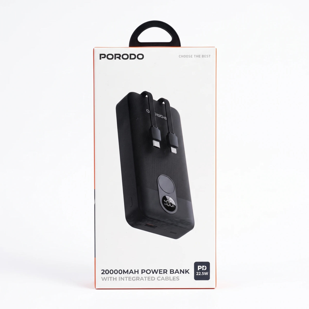 PORODO 20000MAH Power Bank – 22.5W Specification | Integrated Cables | Digital Percentage Display | Black Portable Battery Charger for Everyday Use