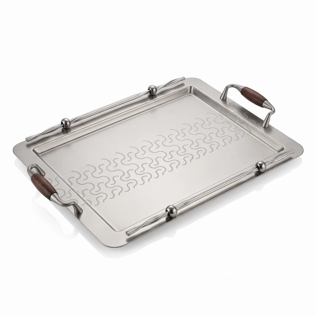 Ansa Luxury Metal Serving Tray – 47 x 32 x 14cm | Geometric Pattern, Raised Rim and Side Handles | Multiple Colour Options - Matte Silver - Wood - Image 1