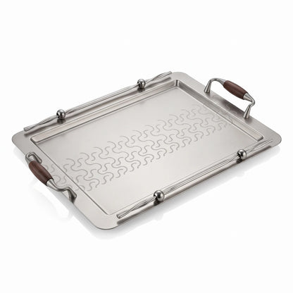 Ansa Luxury Metal Serving Tray – 47 x 32 x 14cm | Geometric Pattern, Raised Rim and Side Handles | Multiple Colour Options - Matte Silver - Wood - Image 1