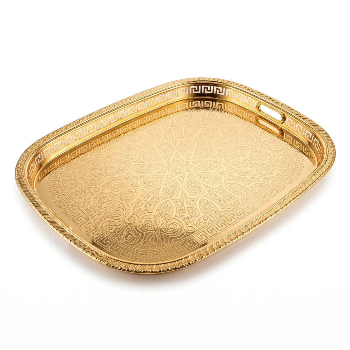 M.E.W Luxury Metal Serving Tray with Mirrored Center – Small, Medium or Large | Silver or Gold | Engraved Greek Key Border - Gold / Large - Image 1