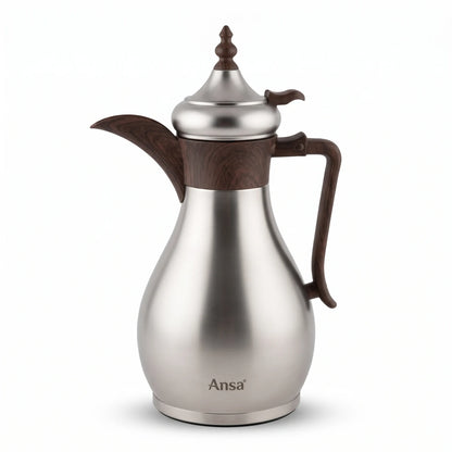 Ansa Traditional Arabic Stainless Steel Vacuum Flask – 0.35 or 0.6 Liters | Pink Glass Interior | Leak Proof Tea and Coffee Server - Matte Silver - Wood / 0.6 Liters - Image 1