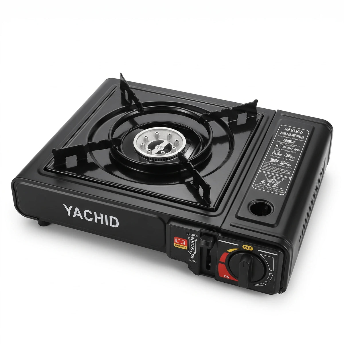 YACHID Portable Gas Stove – 34 x 27 x 11 cm | Black Glass Cooktop with Gas Burner and Control Knobs