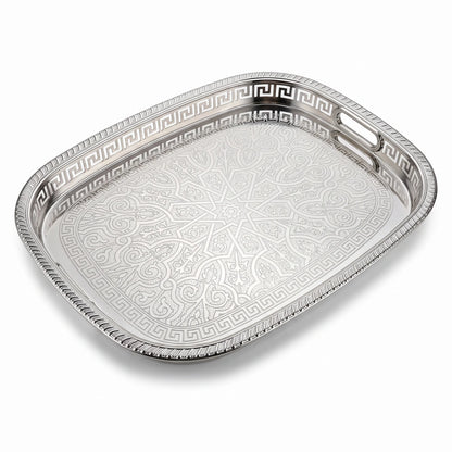 M.E.W Luxury Metal Serving Tray with Mirrored Center – Small, Medium or Large | Silver or Gold | Engraved Greek Key Border - Silver / Small - Image 1