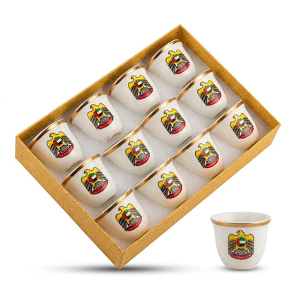 UAE National 12 Pieces Arabic Coffee Cups – Handleless White Cups with Gold Rims, UAE Emblems and Presentation Box