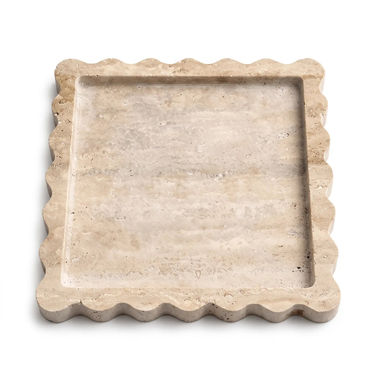 Square Travertine Stone Scalloped Tray – 22 x 22 x 2cm | Beige Raised-Rim Decorative Platter