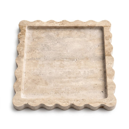 Square Travertine Stone Scalloped Tray – 22 x 22 x 2cm | Beige Raised-Rim Decorative Platter