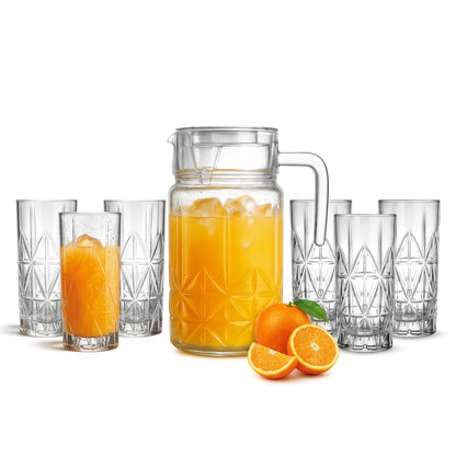 Happyware Drinkware Set – 1.8L Carafe with 6 x 360ml Glasses | Clear Geometric Pattern Water Jug and Glass Set, 7-Piece Serving Set